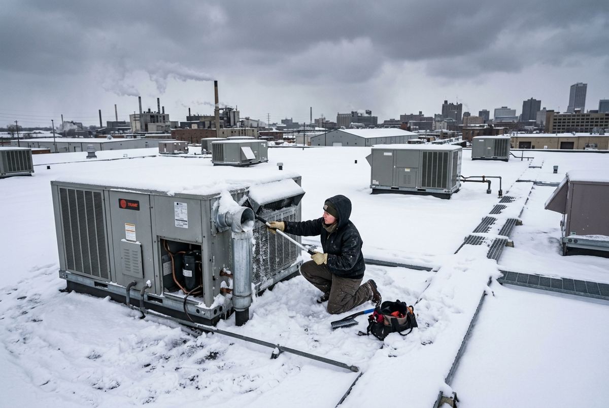 Snow & Ice on Rooftop Units: How to Protect RTUs, Flues, and Intakes This Winter